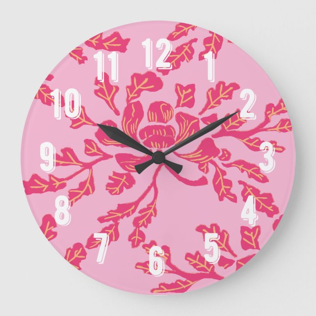 Reloj Redondo Grande Winding Peony Woodcut in Pink and Orange (Anverso)