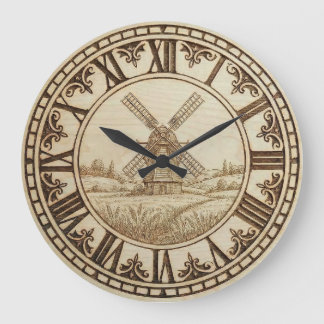 Reloj Redondo Grande Windmill Wall Clock – Rustic Wood-Burned Style