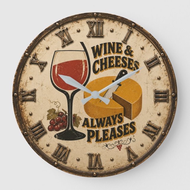 Reloj Redondo Grande Wine and Cheese Always Pleases Rustic Kitchen  (Anverso)