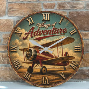 Reloj Redondo Grande Wings of Adventure Vintage Biplane Retro Airplane