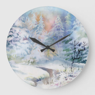 Reloj Redondo Grande Winter Wonderland: Paisaje acuarela