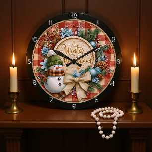 Reloj Redondo Grande Winter Wonderland Snowman Plaid