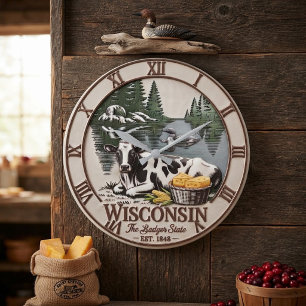 Reloj Redondo Grande Wisconsin The Badger State Cow, Cheese & Rustic