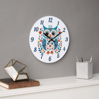 Reloj Redondo Grande Wise Blue Owl Scandinavian Folk Art