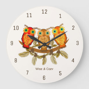 Reloj Redondo Grande Wise & Cozy – Arte de Tres Búhos Naranjas