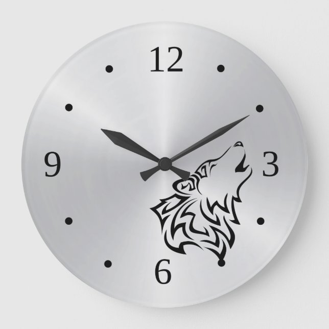 Reloj Redondo Grande Wolf Tribal Tattoo Vector Plata Negro (Anverso)