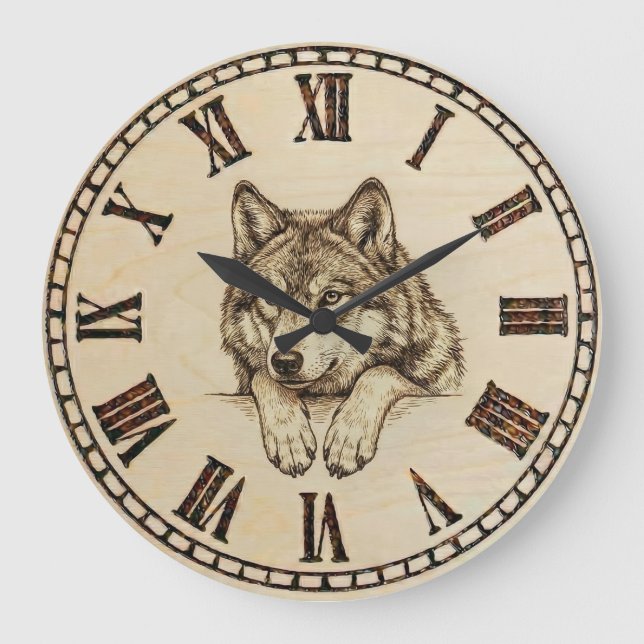 Reloj Redondo Grande Wolf Wall Clock – Wood-Burned Style (Anverso)