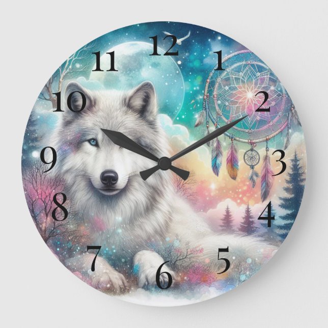Reloj Redondo Grande Wolf y Dreamcatcher con la Luna (Anverso)