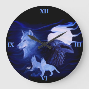 Reloj Redondo Grande Wolf y Raven con luna llena