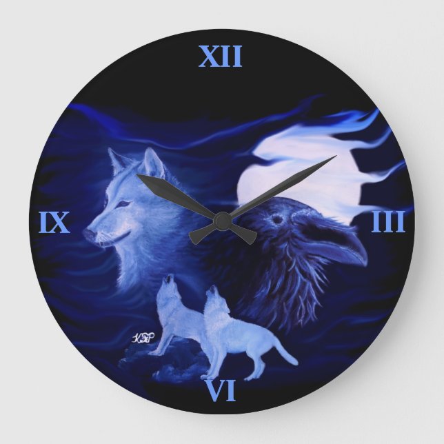 Reloj Redondo Grande Wolf y Raven con luna llena (Anverso)