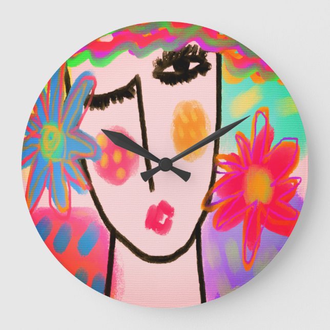 Reloj Redondo Grande Woman with Flowers Funky Abstract Art (Anverso)