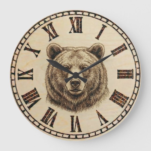 Reloj Redondo Grande Wood Burned Bear Rustic Wall Clock (Anverso)