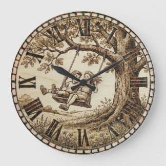 Reloj Redondo Grande Wood Burned Swing Tree Wall Clock