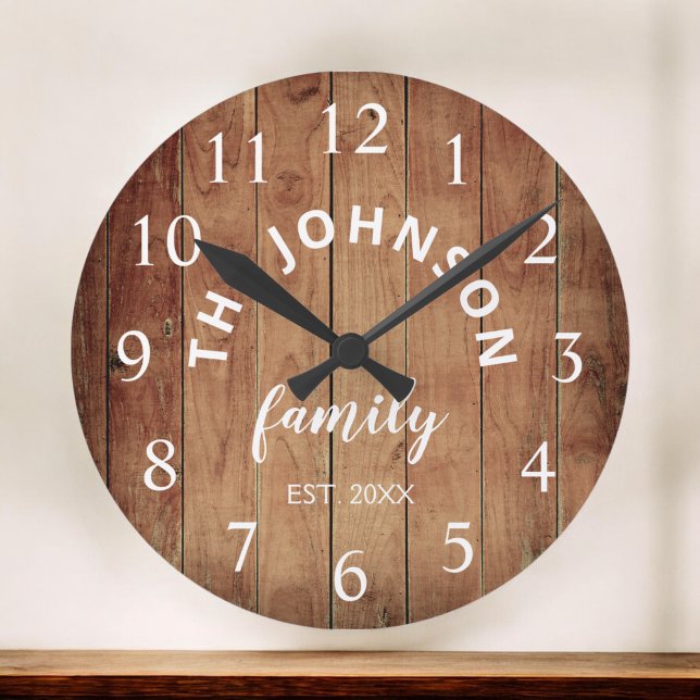 Reloj Redondo Grande Wood Custom Family Name Rustic Farmhouse (Subido por el creador)