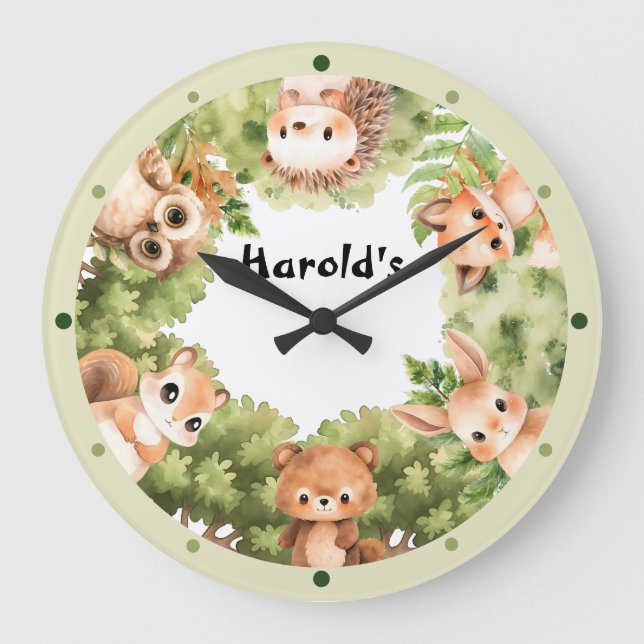 Reloj Redondo Grande Woodland Animals Forest Baby Nursery (Anverso)