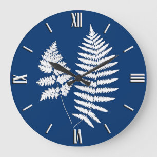 Reloj Redondo Grande Woodland Fern Pattern, Cobalt Blue and White