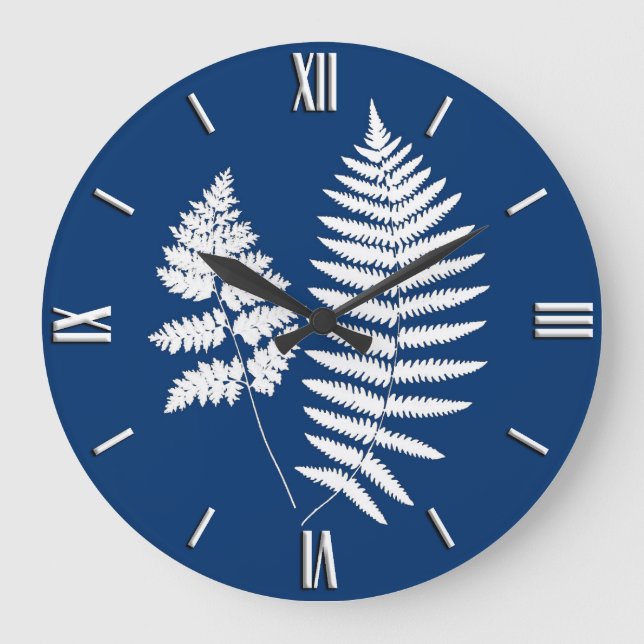 Reloj Redondo Grande Woodland Fern Pattern, Cobalt Blue and White (Anverso)