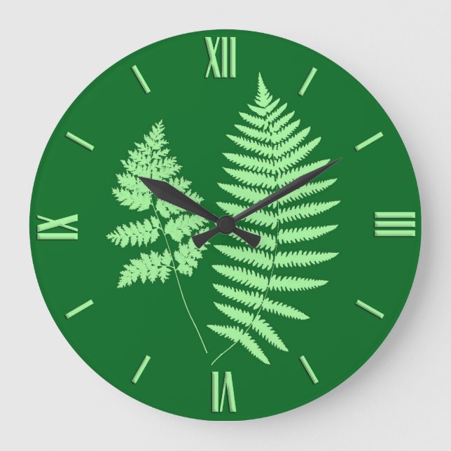 Reloj Redondo Grande Woodland Fern Pattern, Emerald and Light Green Lar (Anverso)