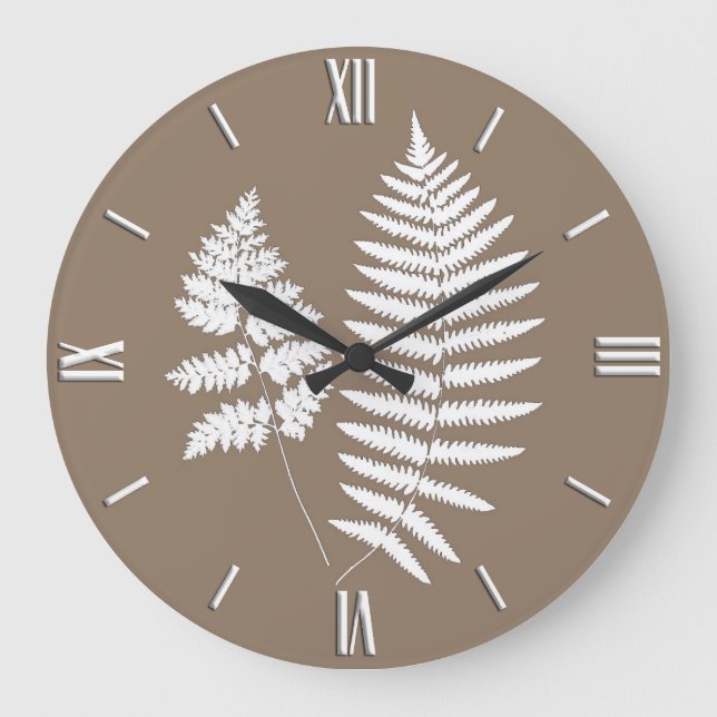 Reloj Redondo Grande Woodland Fern Pattern, Taupe Tan and White (Anverso)