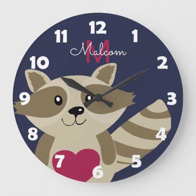 Reloj Redondo Grande Woodland Raccoon Adorable Monogramado Personalizad (Anverso)