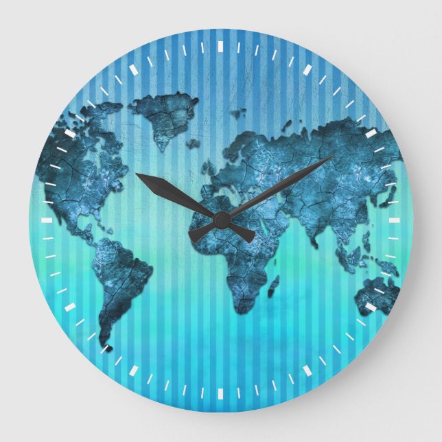 Reloj Redondo Grande World Map | Neon Blue Stripes (Anverso)