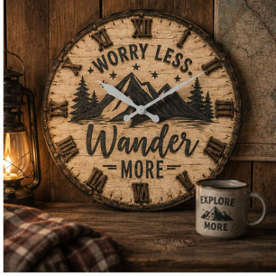 Reloj Redondo Grande Worry Less Wander More Rustic Mountain Cabin