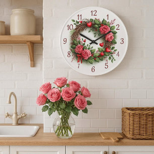 Reloj Redondo Grande Wreath Rosa con corazones rojos