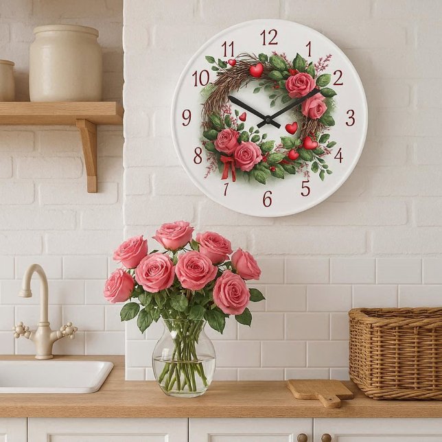 Reloj Redondo Grande Wreath Rosa con corazones rojos (Farmhouse-chic design featuring a pink rose wall clock, making it an ideal housewarming gift)