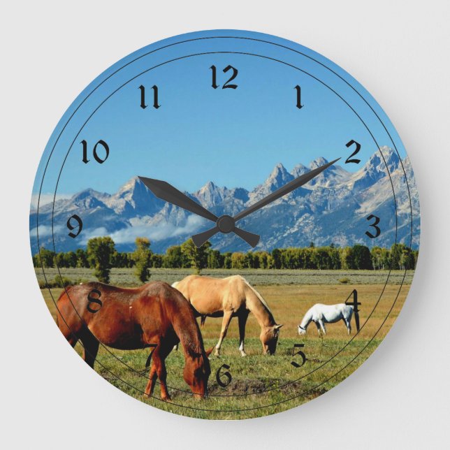 Reloj Redondo Grande Wyoming, Montañas Teton, con caballos de jadeo (Anverso)