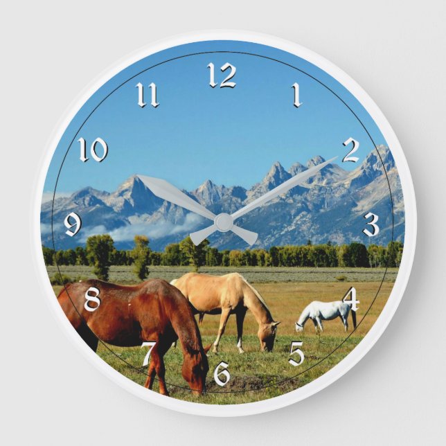 Reloj Redondo Grande Wyoming, Montañas Teton, con caballos de jadeo (Anverso)