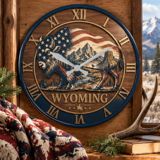 Reloj Redondo Grande Wyoming Patriotic American Flag Bison Wooden