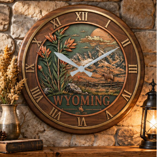 Reloj Redondo Grande Wyoming State Map 3D Relief Wood