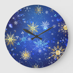 Reloj Redondo Grande XMAS Blue Background with Golden Snowflakes