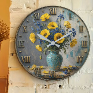 Reloj Redondo Grande Yellow & Blue Wildflower Elegant Botanical Vase De