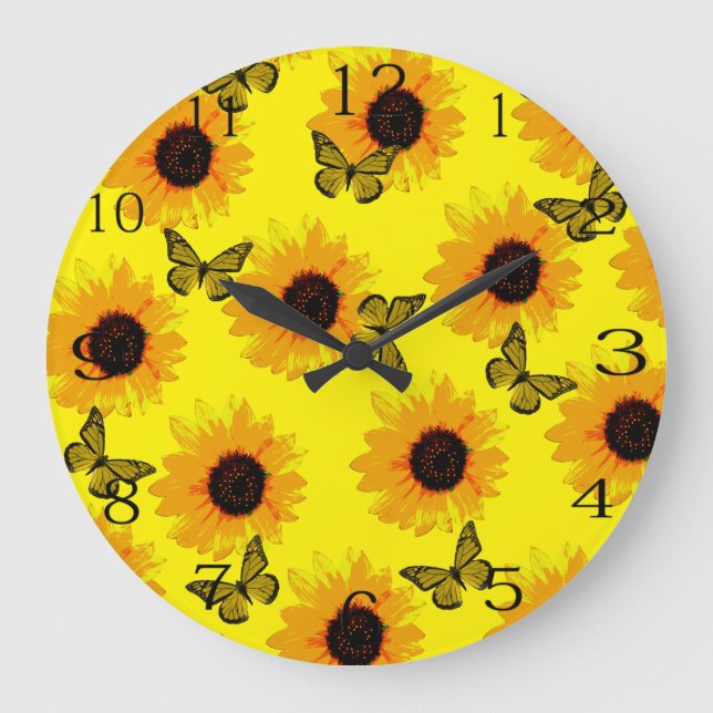 Reloj Redondo Grande Yellow Butterflies And Sunflowers,  (Anverso)