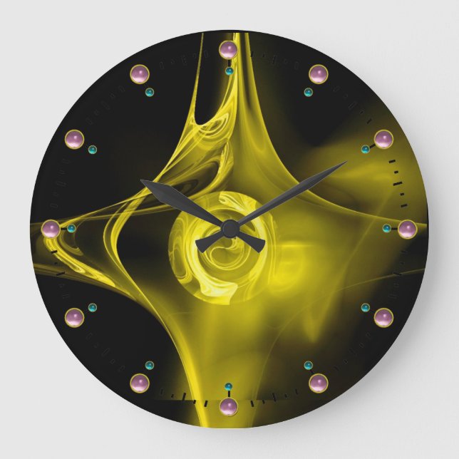 RELOJ REDONDO GRANDE YELLOW FRACTAL ROSE IN BLACK ,PINK GEMSTONES (Anverso)