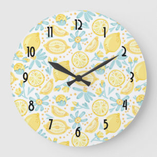 Reloj Redondo Grande Yellow Lemons & Blue Flowers Illustrated Pattern