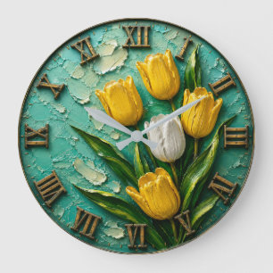 Reloj Redondo Grande Yellow Tulip Elegant Spring Floral Art with Gold
