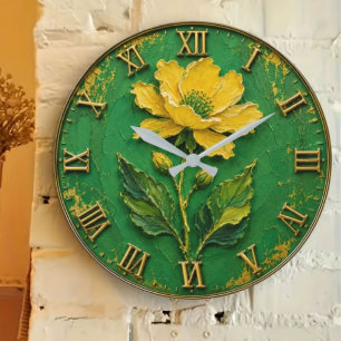 Reloj Redondo Grande Yellow Wildflower Botanical Floral Green & Gold 