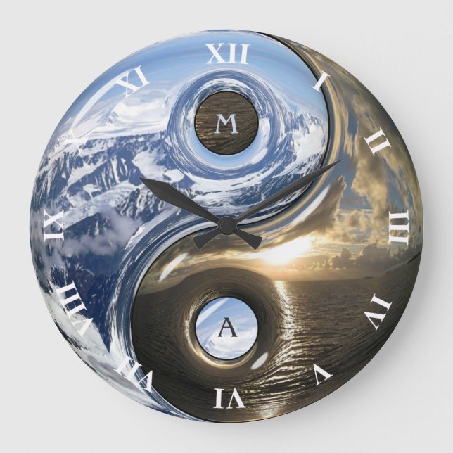 Reloj Redondo Grande Yin Yang Sea Montaña Con Tu Monograma (Anverso)