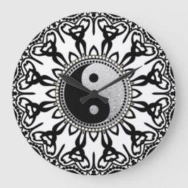 Reloj Redondo Grande Yin Yang tribal negro + blanco equilibra tu tiempo