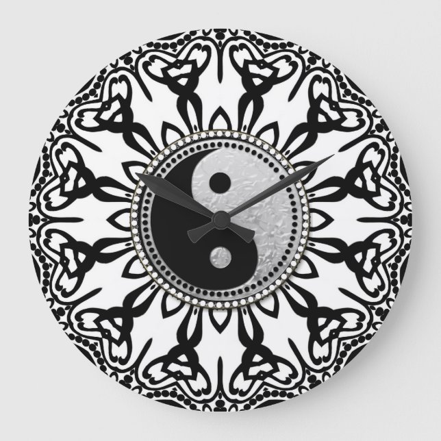 Reloj Redondo Grande Yin Yang tribal negro + blanco equilibra tu tiempo (Anverso)