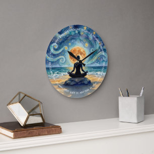 Reloj Redondo Grande Yoga Meditación Noche Estrellada Cielo Luna Playa 