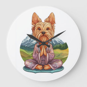 Reloj Redondo Grande Yorkie de Yoga � Perro Divertido Meditando