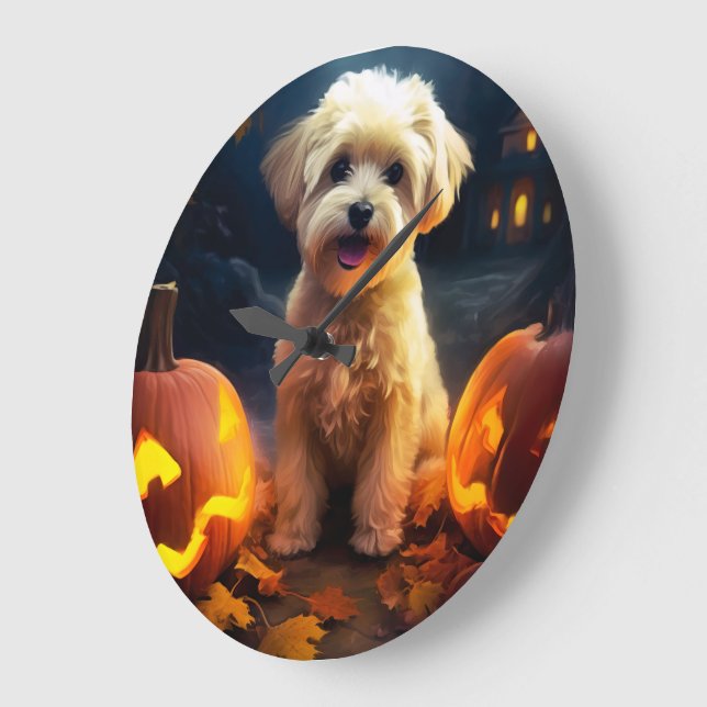 Reloj Redondo Grande Yorkipoo de Halloween con calabazas temerosas (Ángulo)