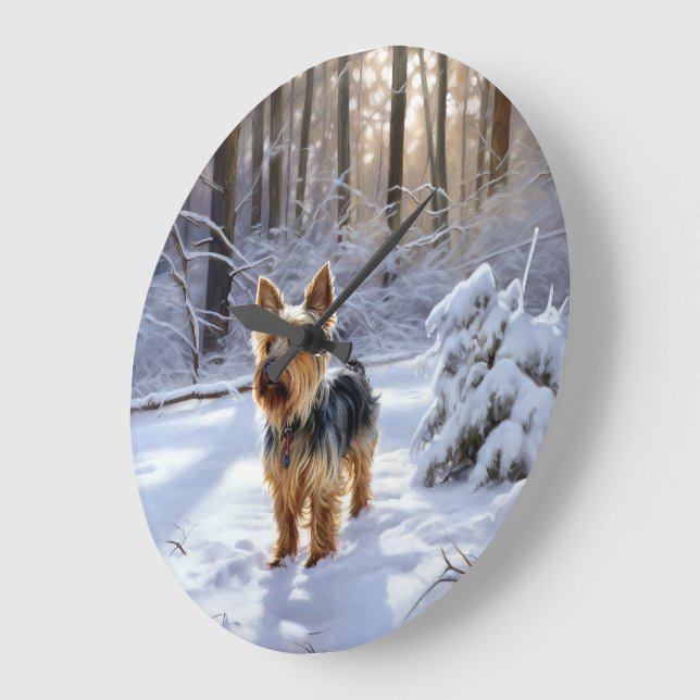 Reloj Redondo Grande Yorkshire Terrier Deja que nieve Navidad (Ángulo)