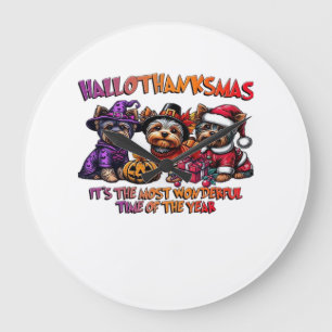 Reloj Redondo Grande Yorkshire Terrier Halloween Día de Acción de Graci