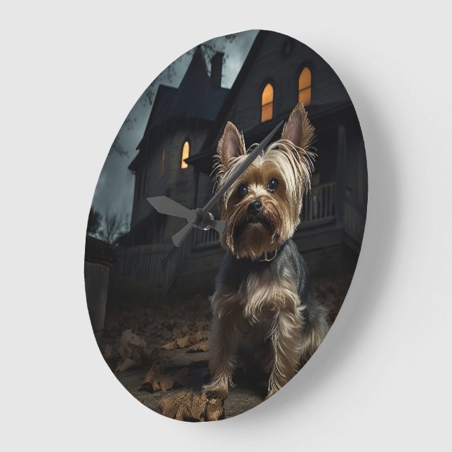 Reloj Redondo Grande Yorkshire Terrier Halloween Espeluznante  (Ángulo)