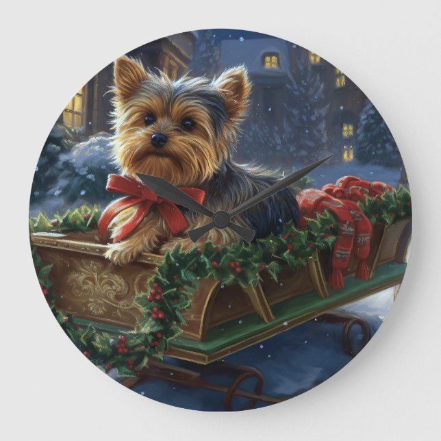 Reloj Redondo Grande Yorkshire Terrier Temporada Navideña Festiva (Anverso)