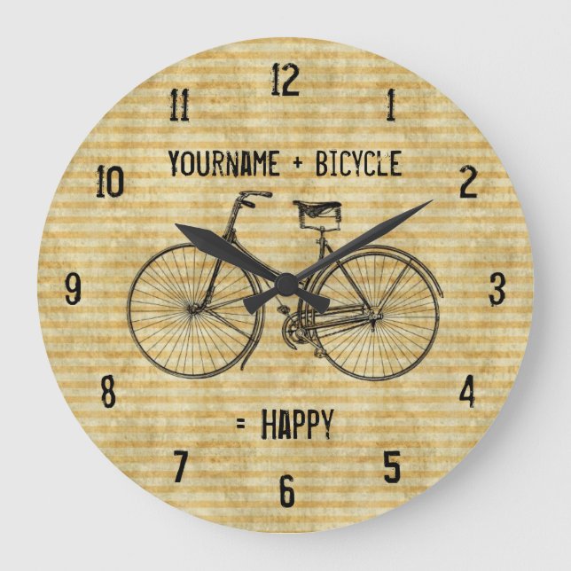 Reloj Redondo Grande You Plus Bicycle Equals Happy Antique Bike Yellow (Anverso)